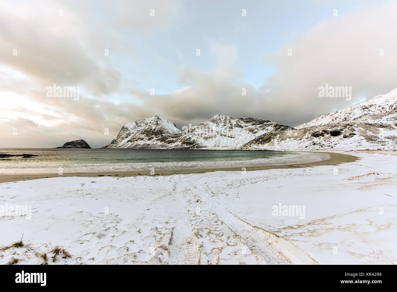 Haukland Beach in the Lofoten Islands, Norway in the winter at dusk ...
