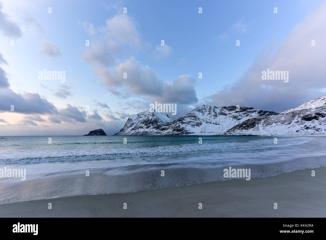 Haukland Beach in the Lofoten Islands, Norway in the winter at dusk ...
