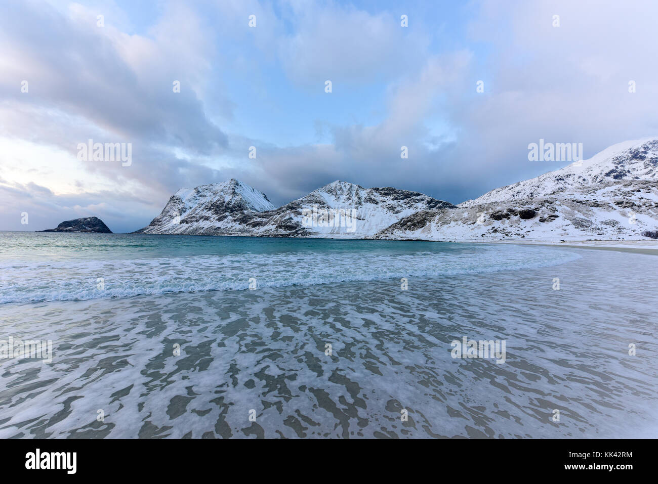 Haukland Beach in the Lofoten Islands, Norway in the winter at dusk ...