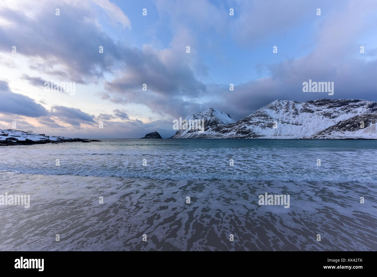 Haukland Beach in the Lofoten Islands, Norway in the winter at dusk ...