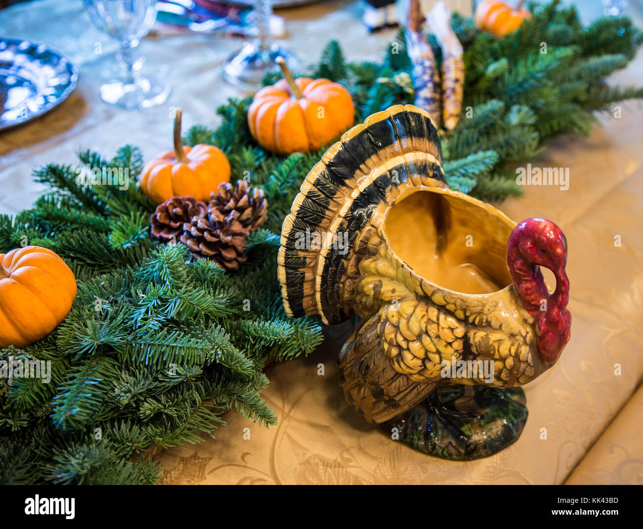 Ceramic turkey on a Thanksgiving table Stock Photo