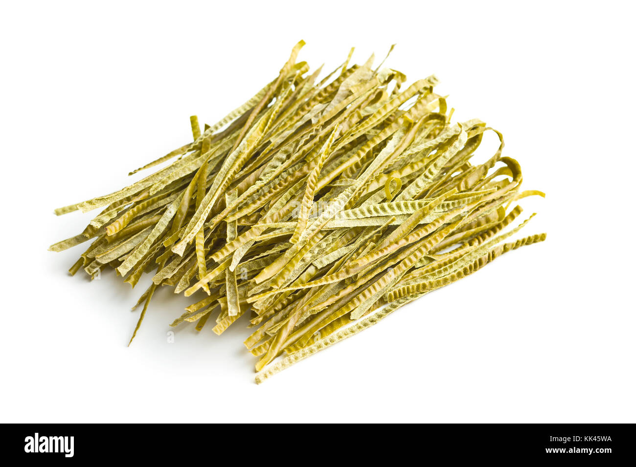 Green soybean fettuccine isolated on white background. Gluten Free, high fibre pasta. Stock Photo