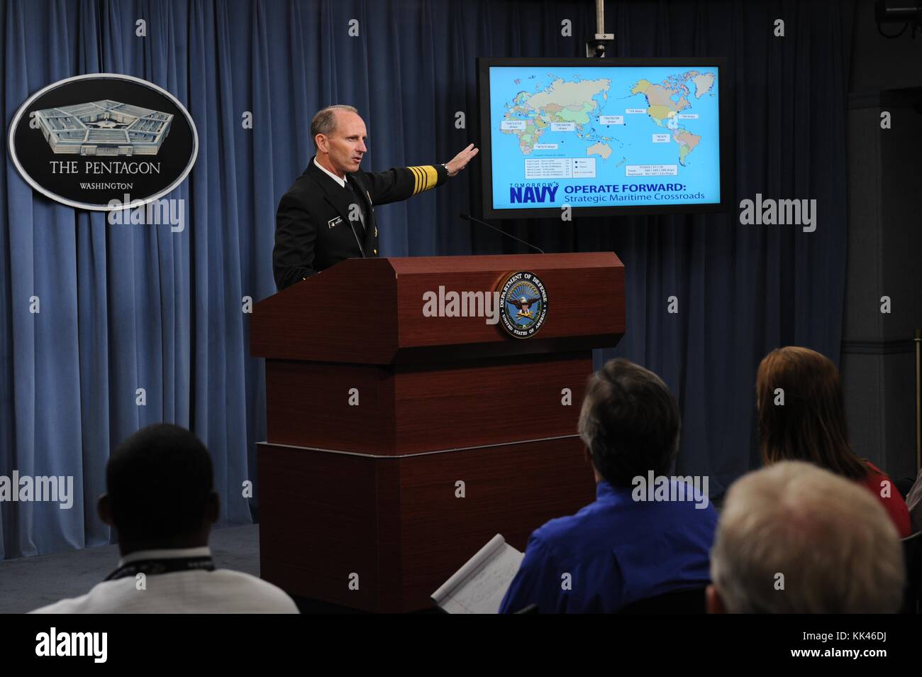 Chief of Naval Operations CNO Admiral Jonathan Greenert speaks with the press about the status of the Navy during a Pentagon press conference, Washington, 2012. Image courtesy Mass Communication Specialist 2nd Class Alexandra Snyder/US Navy. Stock Photo