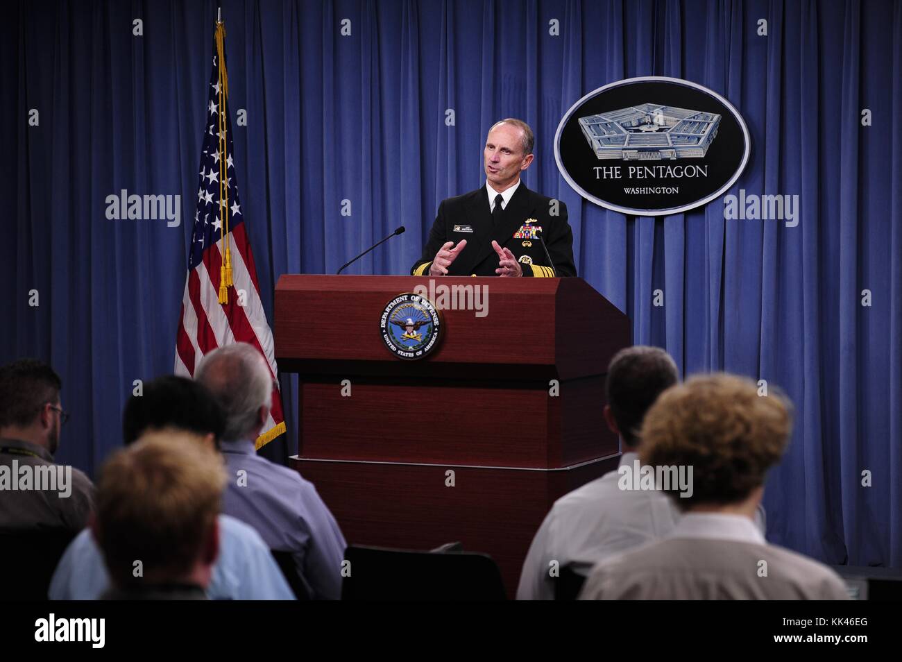 Chief of Naval Operations CNO Admiral Jonathan Greenert holds a press conference to give the public an update on the status of Navy, Washington, 2012. Image courtesy Mass Communication Specialist 1st Class Peter D. Lawlor/US Navy. Stock Photo