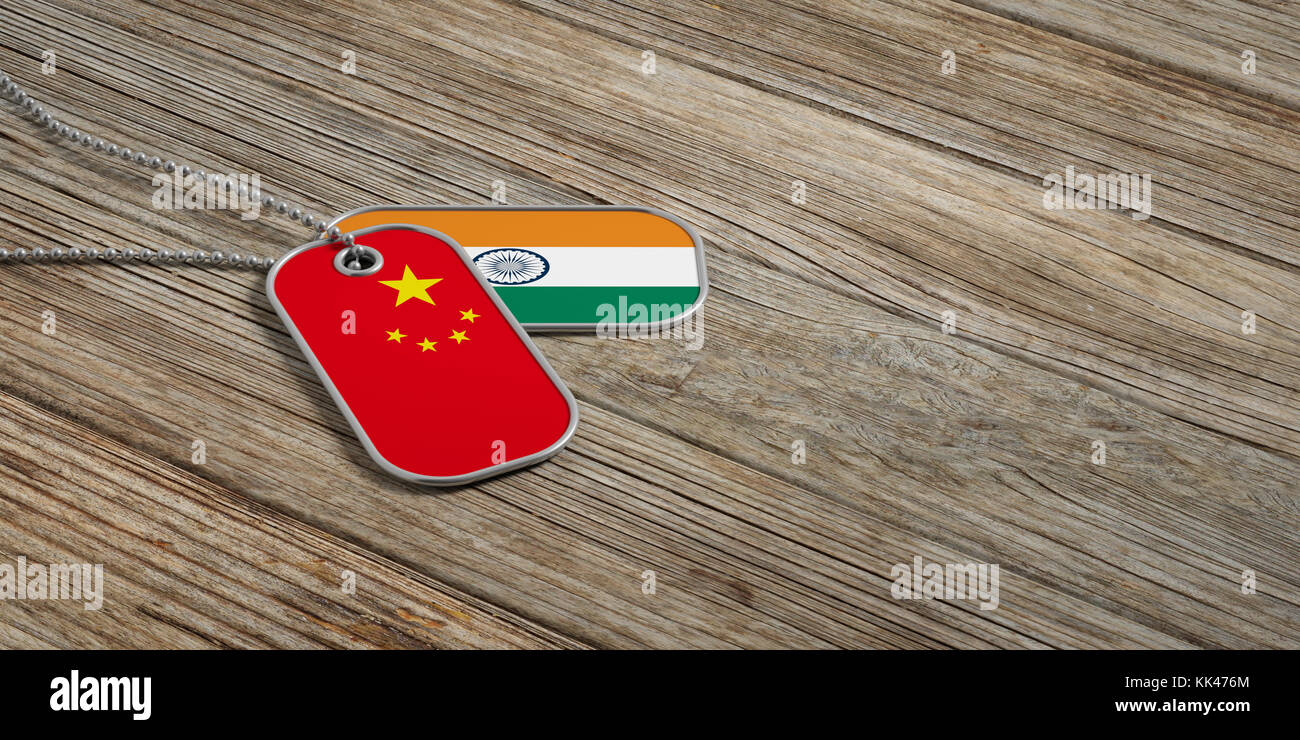 China and India military relations, Identification dog tags on wooden background. 3d illustration Stock Photo