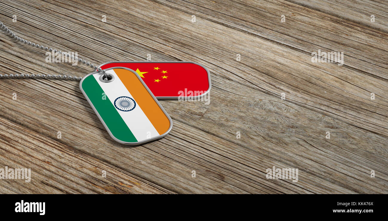 China and India military relations, Identification dog tags on wooden background. 3d illustration Stock Photo