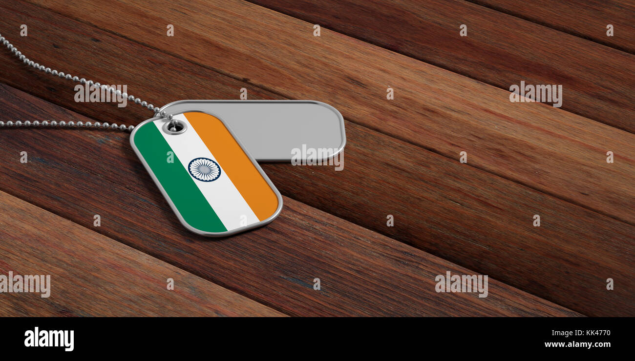 India army concept, India flag identification dog tags on wooden