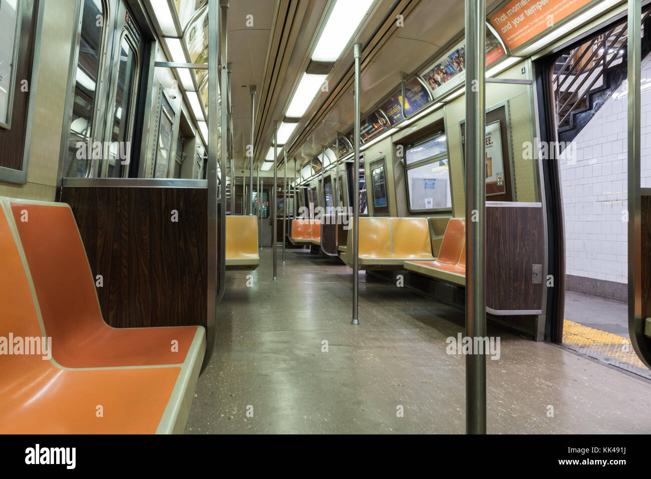 New York City Subway Car interior when empty. Stock Photo