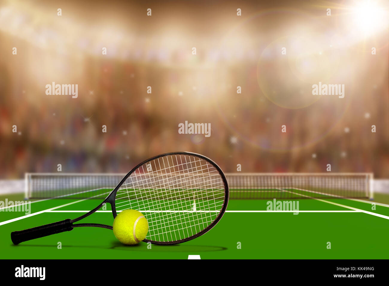 Low angle view of Tennis court full of spectators in the stands with camera flashes and lens flare. Deliberate focus on foreground with copy space. Stock Photo