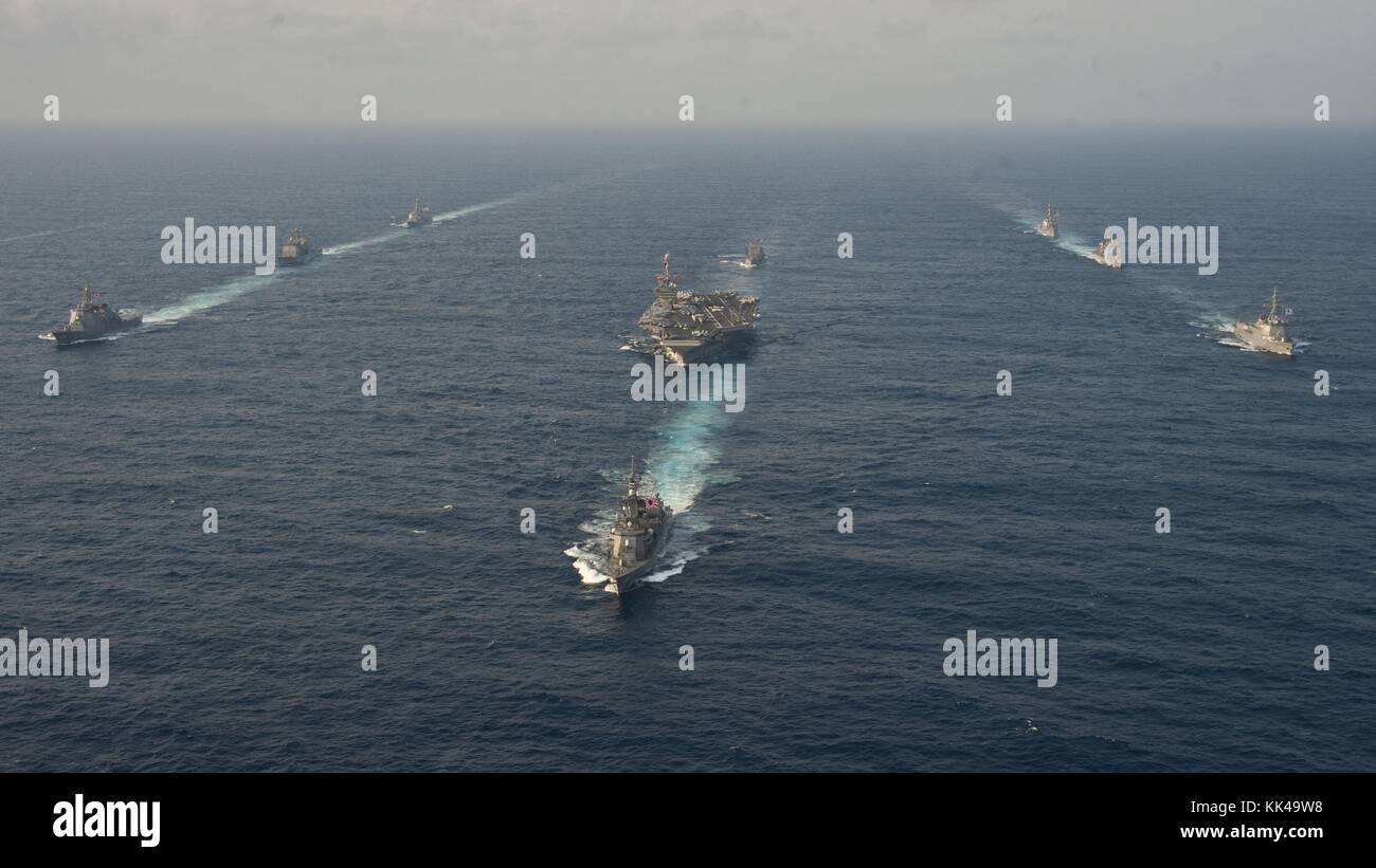 Ships from the USS George Washington Carrier Strike Group, the Japanese Maritime Self-Defense Force and the Republic of Korea navy are underway during a trilateral exercise, East China Sea, 2012. Image courtesy Mass Communication Specialist 3rd Class Kaitlyn R. Breitkreutz/US Navy. Stock Photo