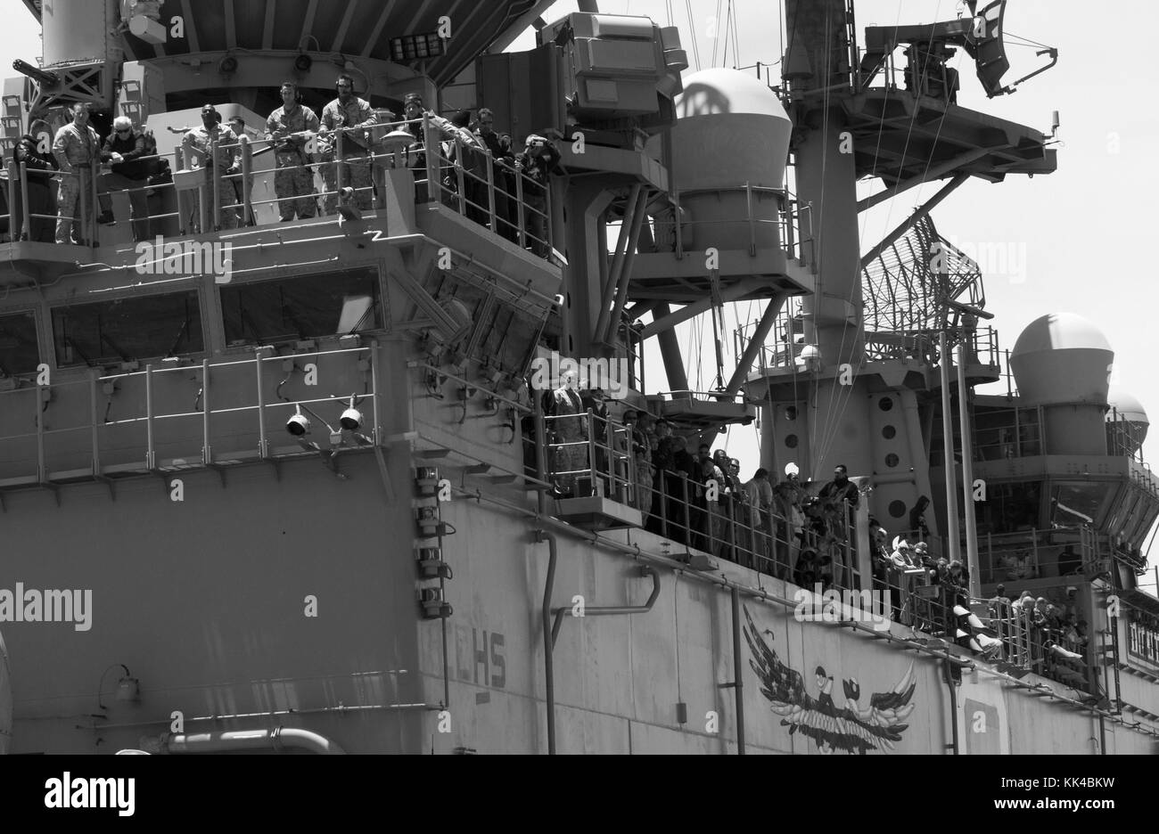 Tiger Cruise participants watch an air power demonstration aboard the amphibious assault ship USS Makin Island LHD 8, Pacific Ocean, 2012. Image courtesy Mass Communication Specialist 2nd Class Dominique Pineiro/US Navy. Stock Photo