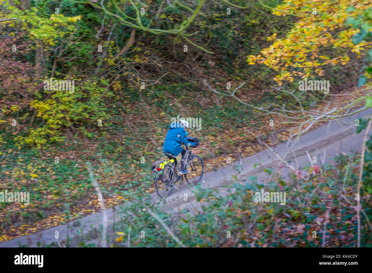 Elderly female cyclist going uphill on a cold autumn day. Suffolk, UK. Stock Photo