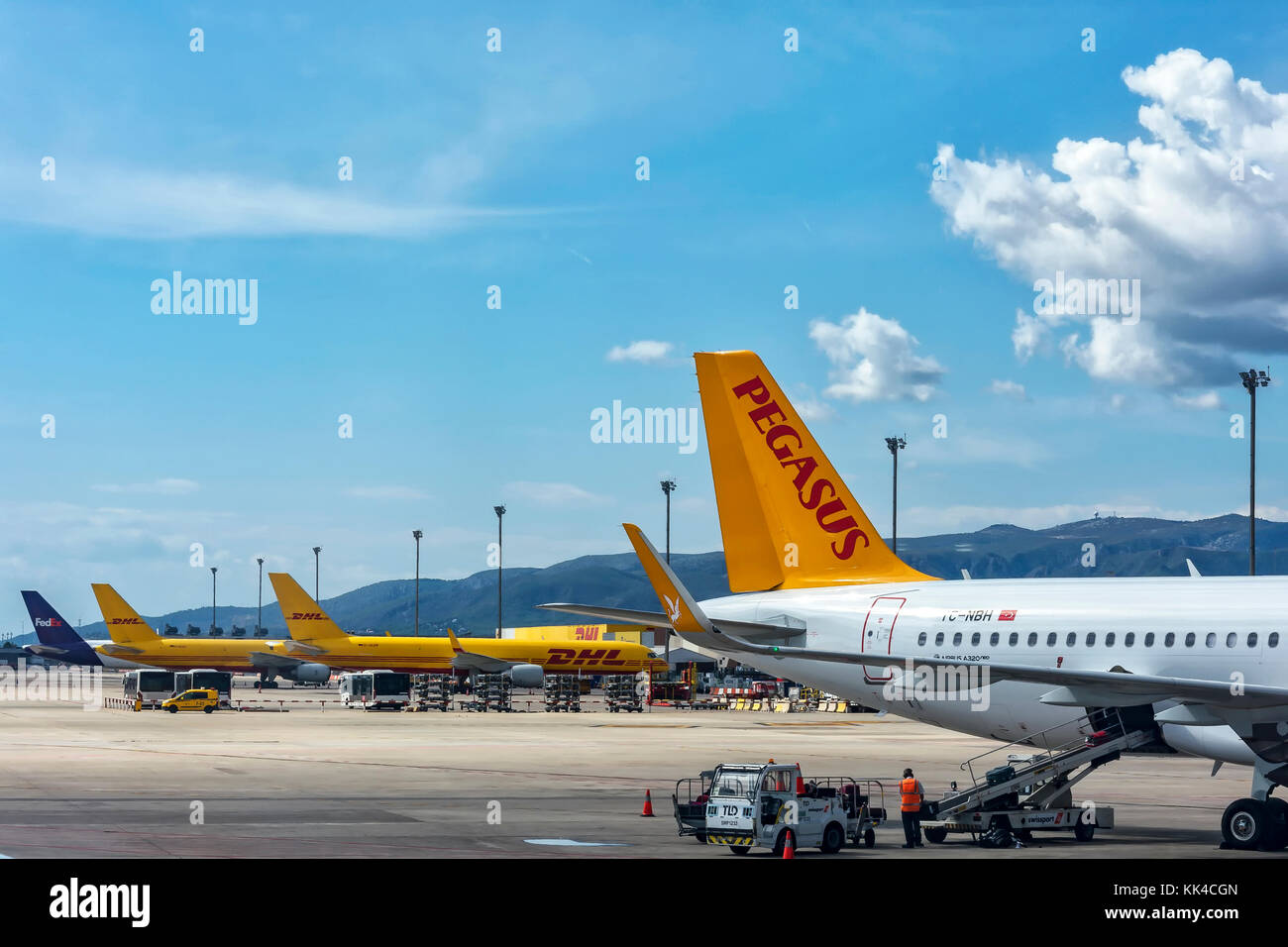 Spain, Barcelona - 26.09.2017: Unloading of international postal services at the airport Stock Photo