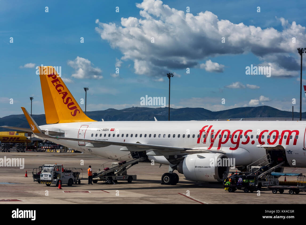 Spain, Barcelona - 26.09.2017: Unloading of the airplane by postal PEGASUS service at the airport Stock Photo