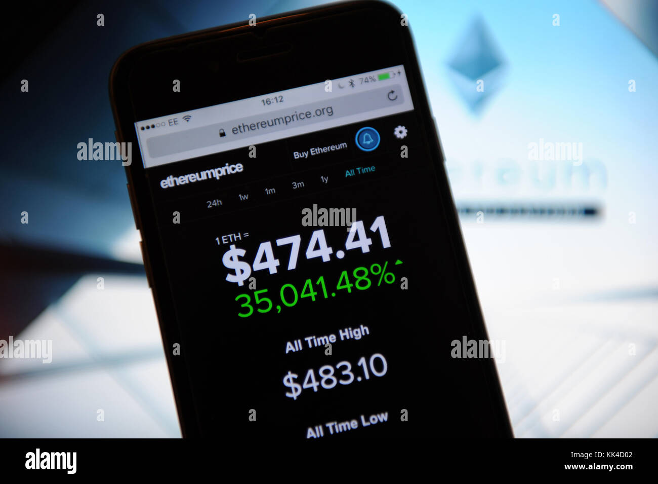 Ethereumprice.org website seen on a phone and  the ethereum website is seen behind on a computer screen Stock Photo