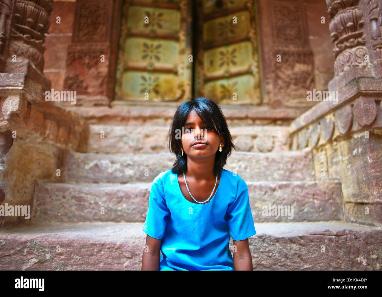 Rajhastan Country of Lords Et Gypsies Jodhpur  -  04/09/2010  -  India / Rajasthan / Jodhpur  -  Mehrangarh Fort, portrait of a young Indian tourist   -  Sylvain Leser / Le Pictorium Stock Photo