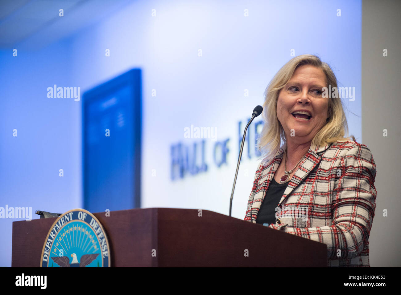 Suzie Schwartz, Trustee of Fisher House Foundation, speaks during the 2017 NewmanÕs Own Awards at the Hall of Heroes in the Pentagon, Oct. 11, 2017. The annual competition seeks to reward ingenuity for programs that benefit service men, women, and their families. To date, the competition has recognized 174 programs with awards totally $1, 725,000. (DoD Photo by U.S. Army Sgt. James K. McCann) Stock Photo
