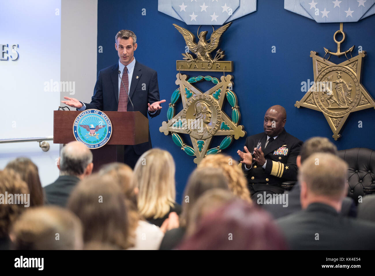 Jeffrey Smith, Vice President of Operations of NewmanÕs Own, Inc.;  speaks during the 2017 NewmanÕs Own Awards at the Hall of Heroes in the Pentagon, Oct. 11, 2017. The annual competition seeks to reward ingenuity for programs that benefit service men, women, and their families. To date, the competition has recognized 174 programs with awards totally $1, 725,000. (DoD Photo by U.S. Army Sgt. James K. McCann) Stock Photo