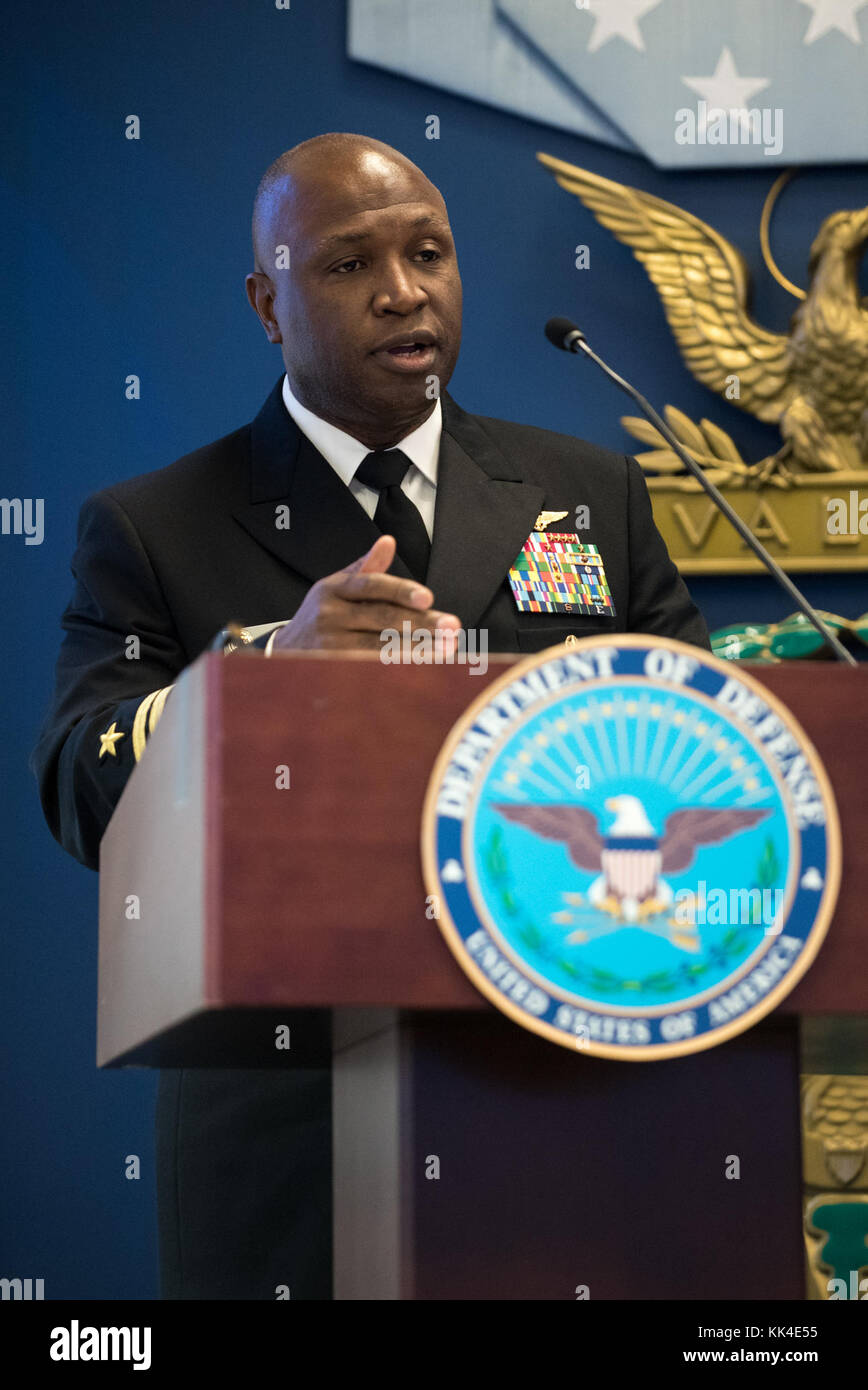 U.S. Navy Vice Adm. Kevin D. Scott, Director Joint Force Development (J7) on the Joint Staff, speaks during the 2017 NewmanÕs Own Awards at the Hall of Heroes in the Pentagon, Oct. 11, 2017. The annual competition seeks to reward ingenuity for programs that benefit service men, women, and their families. To date, the competition has recognized 174 programs with awards totally $1, 725,000. (DoD Photo by U.S. Army Sgt. James K. McCann) Stock Photo