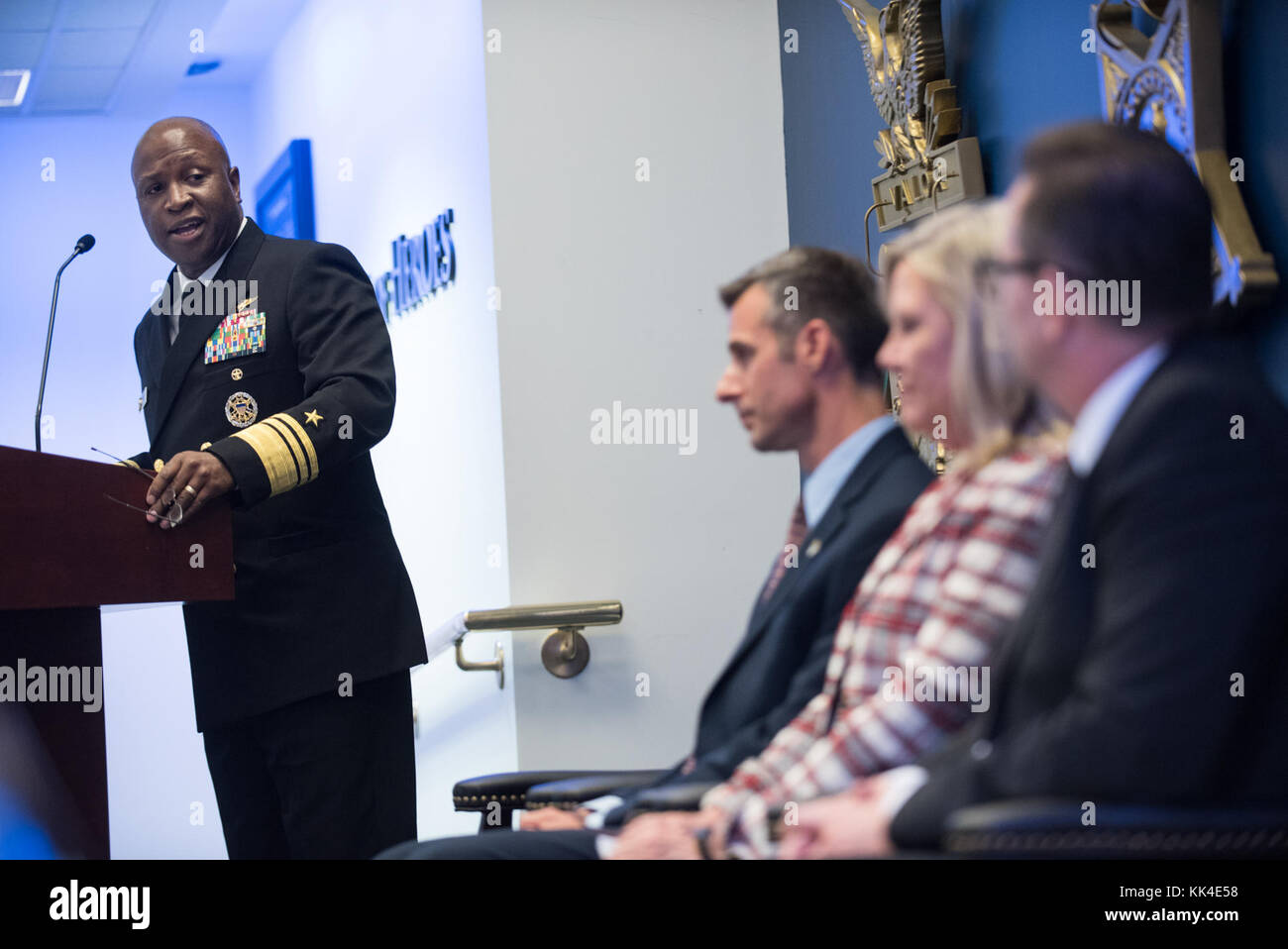 U.S. Navy Vice Adm. Kevin D. Scott, Director Joint Force Development (J7) on the Joint Staff, speaks during the 2017 NewmanÕs Own Awards at the Hall of Heroes in the Pentagon, Oct. 11, 2017. The annual competition seeks to reward ingenuity for programs that benefit service men, women, and their families. To date, the competition has recognized 174 programs with awards totally $1, 725,000. (DoD Photo by U.S. Army Sgt. James K. McCann) Stock Photo