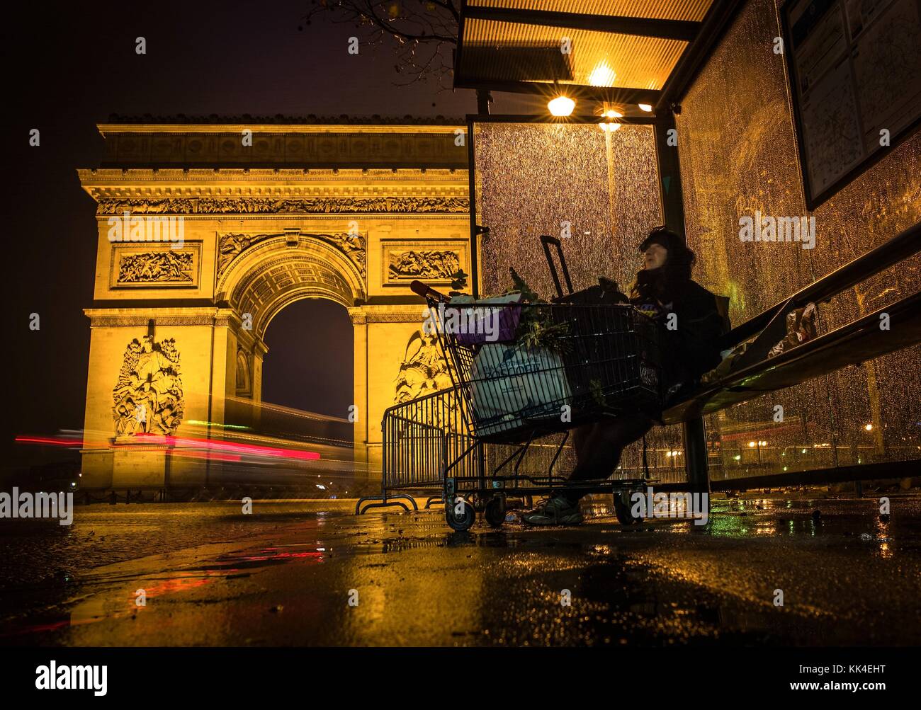 Hell in  france -  04/12/2012  -  France / Ile-de-France (region) / Paris  -  Jenny spends her night as usual for years at the foot of the Arc de Triomphe in the fall   -  Sylvain Leser / Le Pictorium Stock Photo