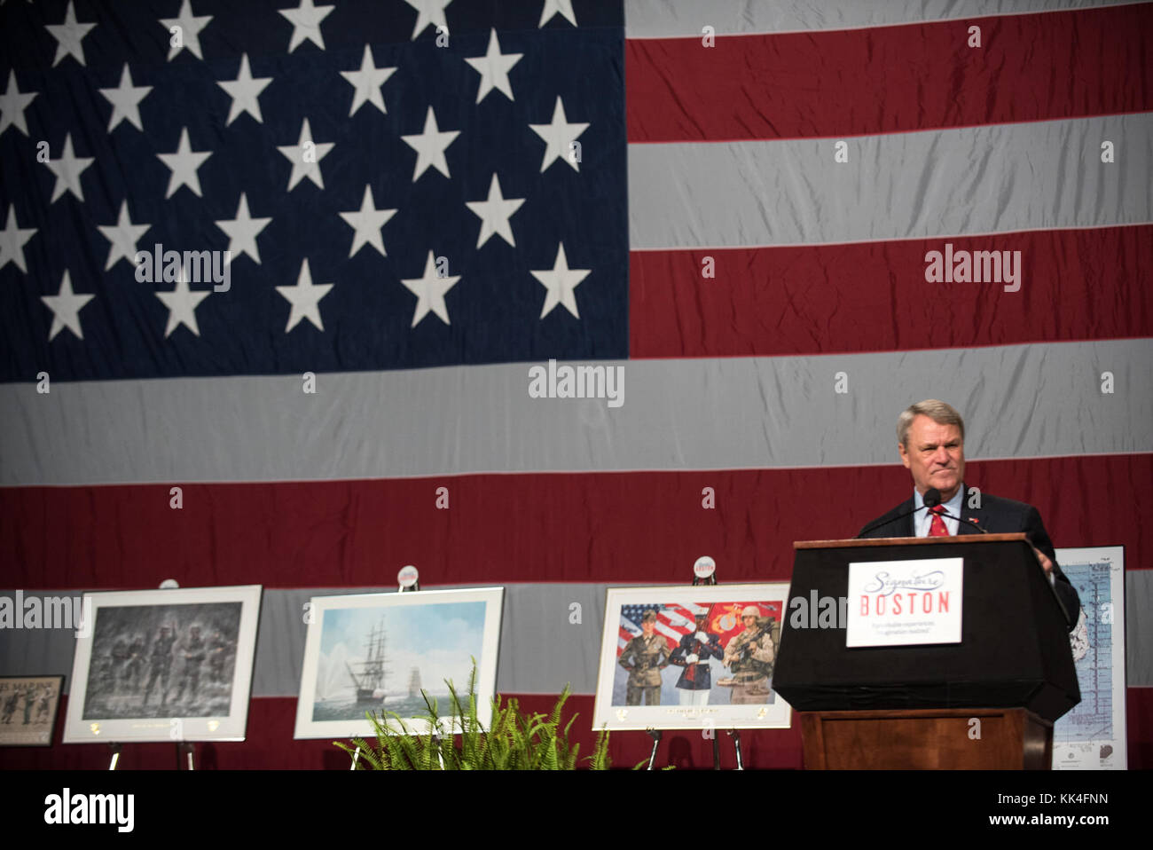 Mr. Tom Lyons, Founder and chairman of the Semper Fi Society, speaks during the Semper Fidelis Society Boston U.S. Marine Corps Birthday Luncheon at the Boston Convention & Exhibition Center, Massachusetts, Nov. 13, 2017. (DoD Photo by U.S. Army Sgt. James K. McCann) Stock Photo