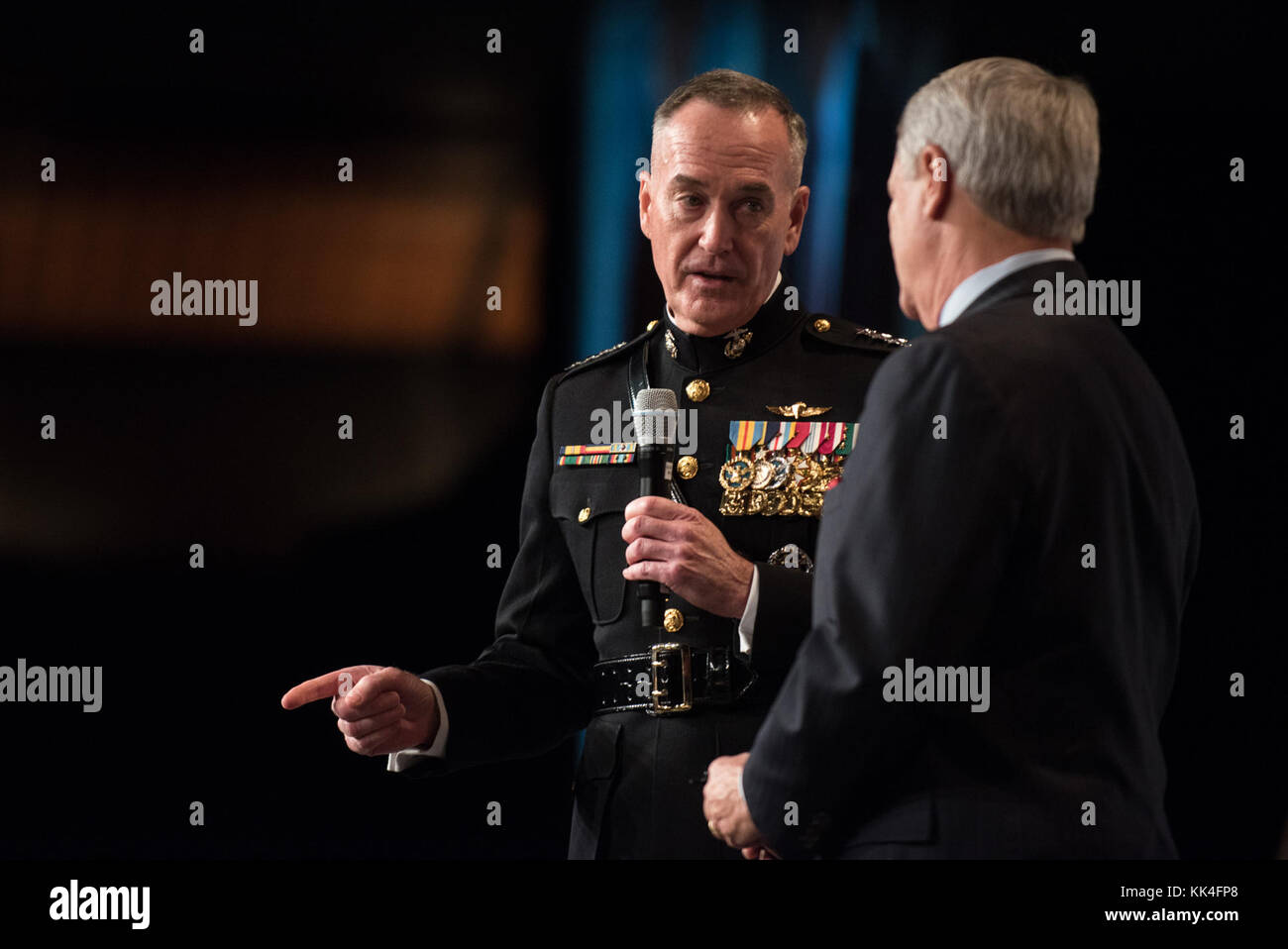 U.S. Marine Corps Gen. Joseph F. Dunford, Jr., chairman of the Joint Chiefs of Staff, thanks Mr. Tom Lyons, Founder and chairman of the Semper Fi Society, during the Semper Fidelis Society Boston U.S. Marine Corps Birthday Luncheon at the Boston Convention & Exhibition Center, Massachusetts, Nov. 13, 2017. (DoD Photo by U.S. Army Sgt. James K. McCann) Stock Photo