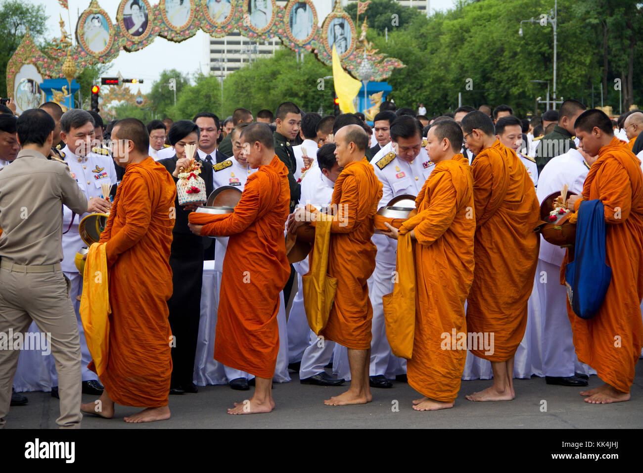 651 Buddhist monks attended the morning alms ceremony along with the Thai Prime Minister at Royal Plaza in Bangkok.Thailand celebrated the birthday of Stock Photo