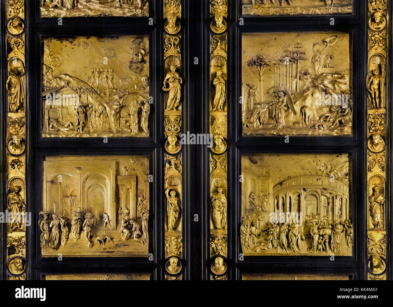 The drunkenness of Noah, Abraham and Isaac, Esau and Jacob , Joseph sold into slavery -The Florence Baptistery ( Battistero di San Giovanni), Baptistery of  - Saint John,  East doors, or Gates of Paradise, by Lorenzo Ghiberti  ( The Cattedrale di Santa Maria del Fiore of Florence - Cathedral of Saint Mary of the Flower 1336 )  Museo dell'Opera del Duomo Florence Italy Italian. (original door panel ) Stock Photo