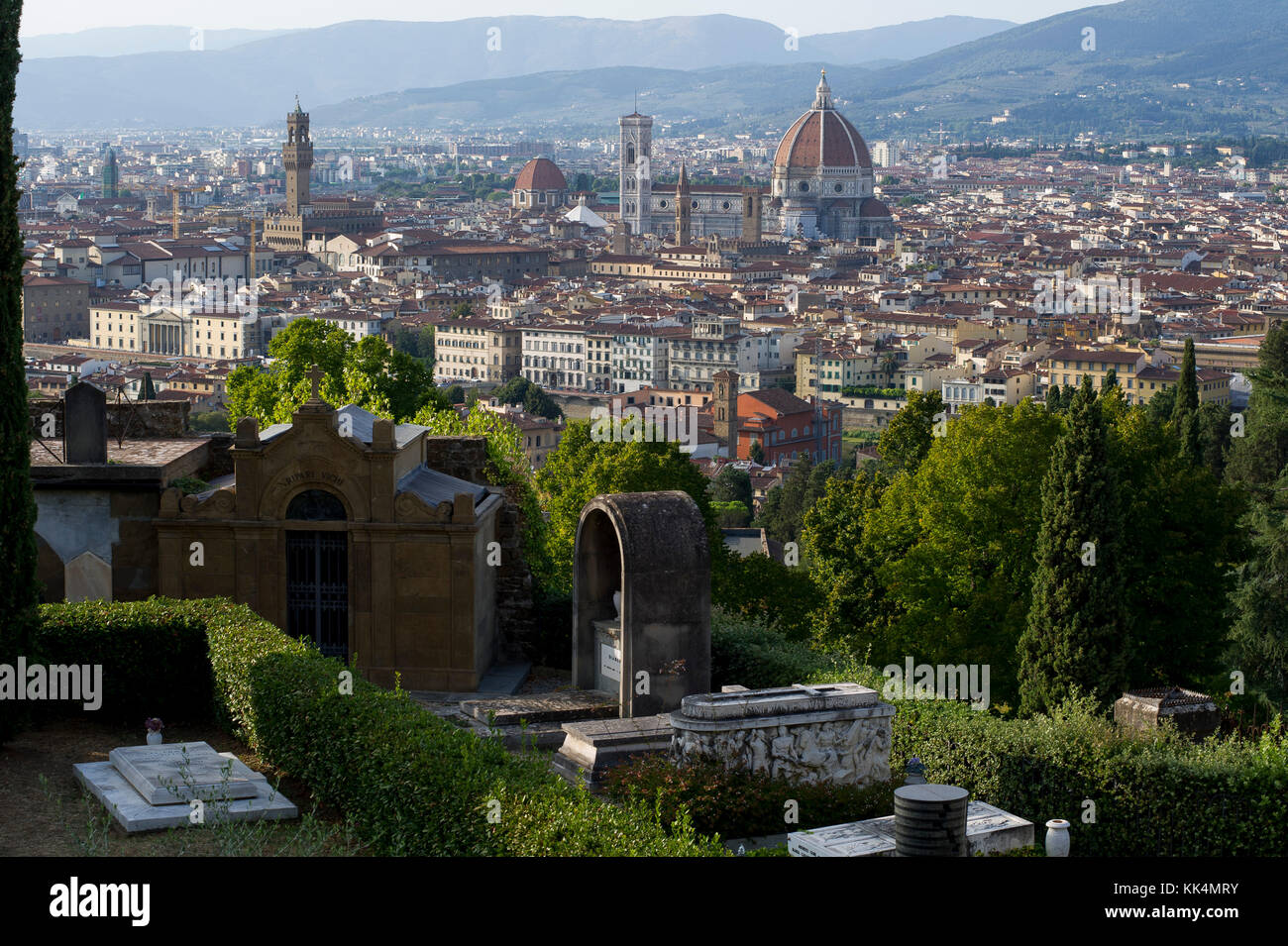 Cimitero delle Porte Sante in front of Basilica di San Miniato al Monte (Basilica of St. Minias on the Mountain) and Palazzo Vecchio (Old Town Hall),  Stock Photo