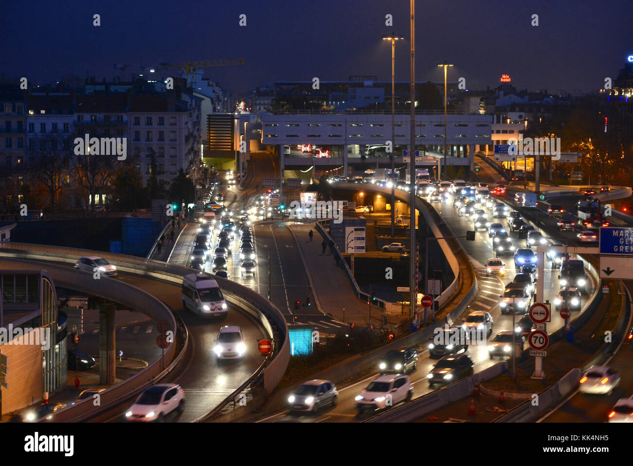 Lyon (south-eastern France): traffic jam south to north on the A7 motorway / highway at the entrance to the Fourviere tunnel. 5:30 pm *** Local Captio Stock Photo