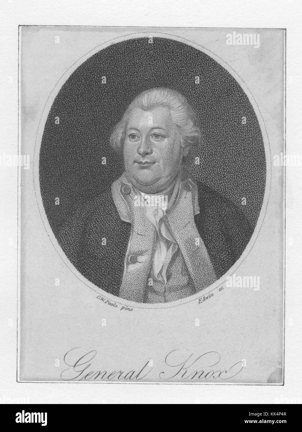 An etching from a portrait of General Henry Knox, he was an American military officer who served as part of Continental Army and the United States Army, he became the chief artillery officer and oversaw the establishment of training centers for artillerymen and the manufacturing centers for weapons, he was the United States First Secretary of War, United States, 1800. From the New York Public Library. Stock Photo