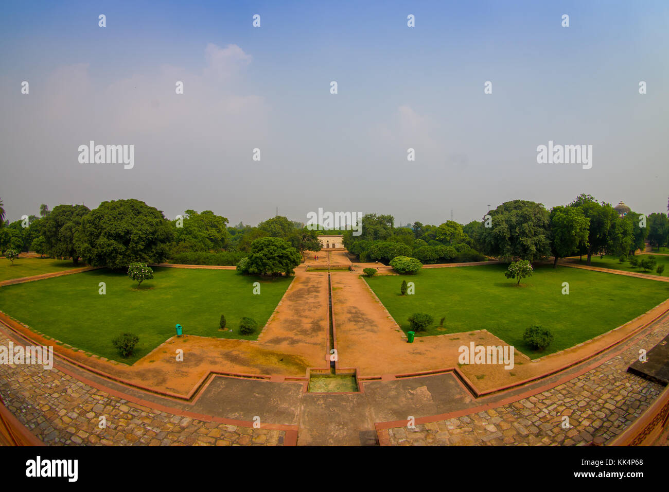 DELHI, INDIA - SEPTEMBER 19, 2017: Aerial view of stoned path in front of Humayun s Tomb, Delhi, India. UNESCO World Heritage Site, it is the tomb of the Mughal Emperor Humayun, fish eye effect Stock Photo