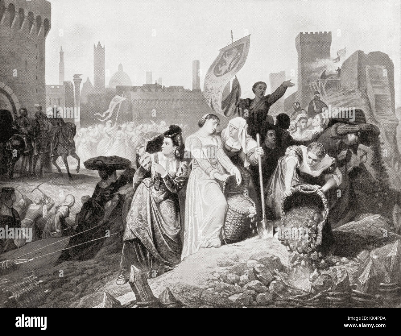 The women of Siena, Italy aid in defending their city against Cosimo I de' Medici and the Spanish troops of Charles V, 1555.  From Hutchinson's History of the Nations, published 1915. Stock Photo