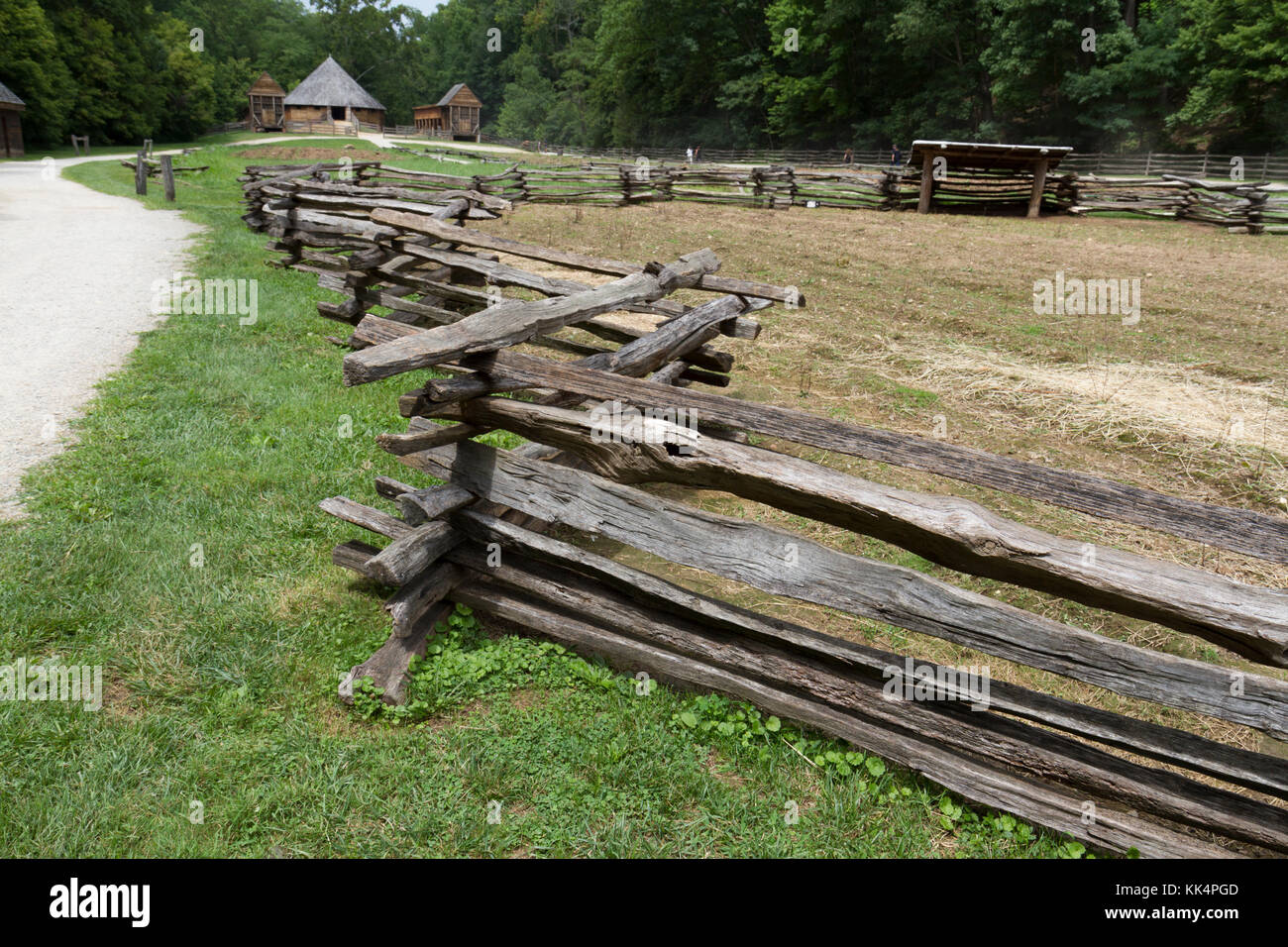 An example of split rail fencing (used to keep animals in an area), on the Pioneer Farm, Mount Vernon estate, Alexandria, Virginia. Stock Photo