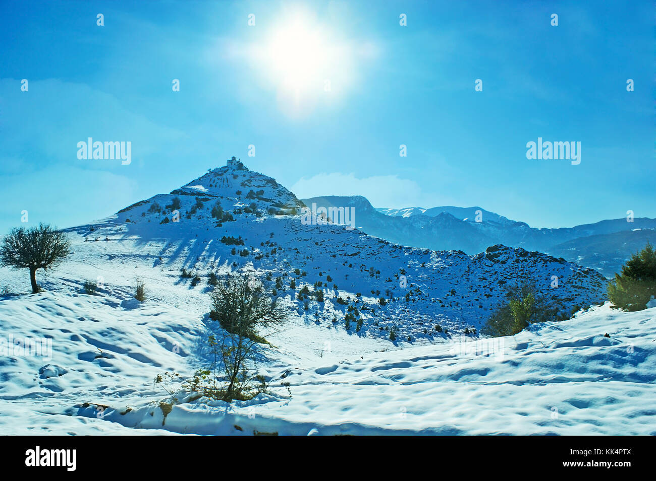 The Pindus mountains are perfect place for winter vacation, sports and sightseeing, Greece. Stock Photo