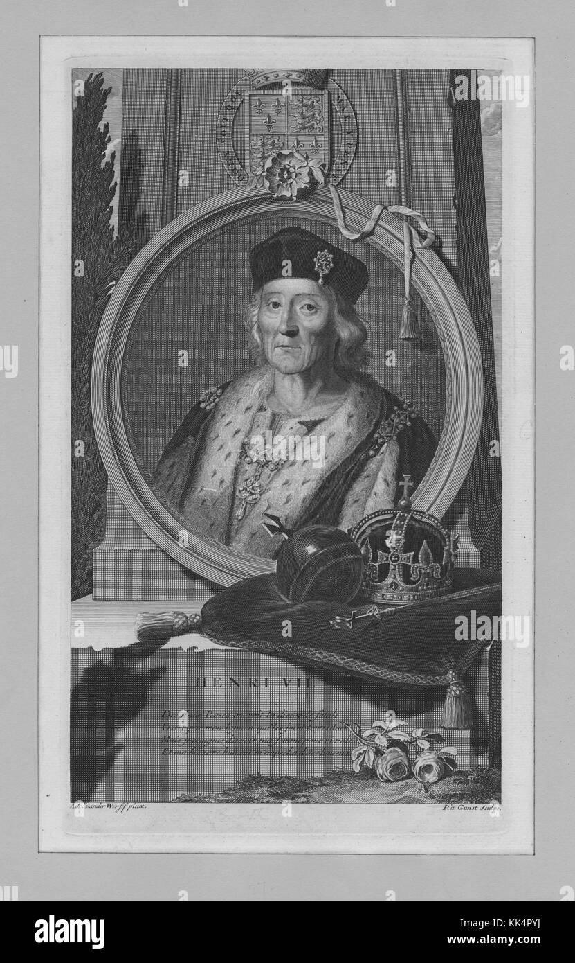 Engraved portrait of Henry VII of England, King of England, ruled the Principality of Wales and Lord of Ireland from his seizing the crown on 22 August 1485 until his death on 21 April 1509, as the first monarch of the House of Tudor, depicted in royal dress, his crown and scepter resting on a pillow in the foreground, England, 1800. From the New York Public Library. Stock Photo