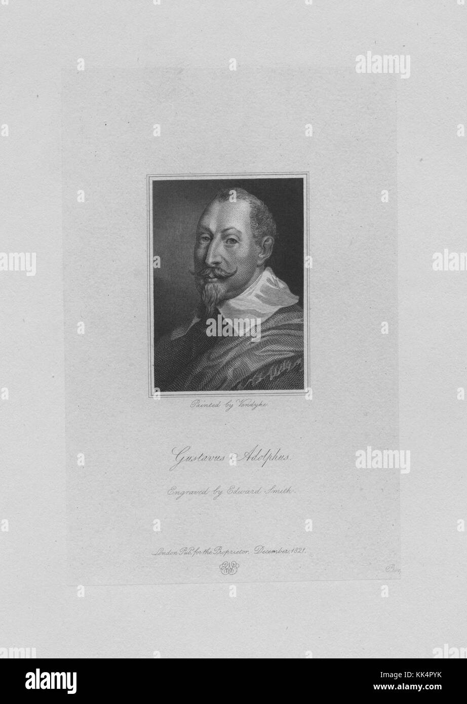 Engraved portrait of Gustavus Adolphus, the King of Sweden from 1611 to 1632, is credited as the founder of Sweden as a Great Power, he led Sweden during the Thirty Years War, Europe, 1800. From the New York Public Library. Stock Photo