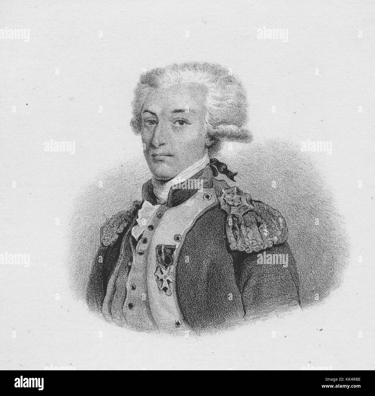 Engraved portrait of Gilbert du Motier, Marquis de Lafayette, a French aristocrat and military officer who fought for the United States in the American Revolutionary War, was a key figure in the French Revolution of 1789 and the July Revolution of 1830, in uniform, wearing a medal, United States, 1829. From the New York Public Library. Stock Photo