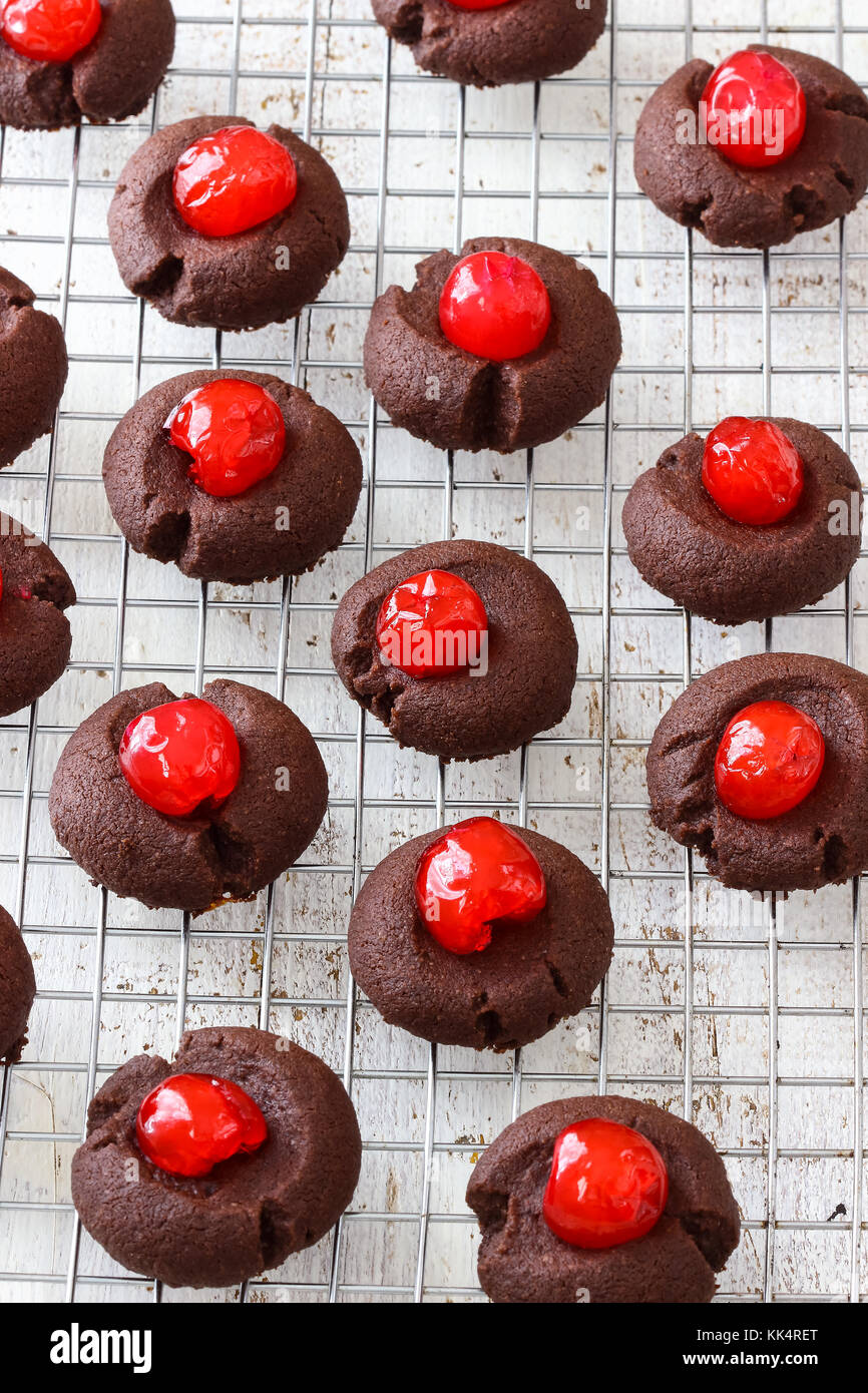 Chocolate Thumbprint Cookies with Maraschino Cherries Stock Photo Alamy