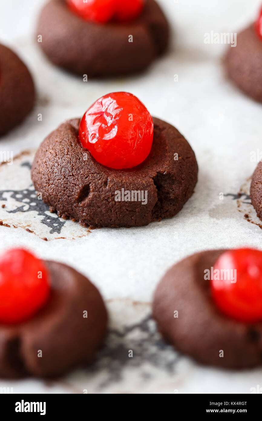 Chocolate Thumbprint Cookies with Maraschino Cherries Stock Photo Alamy