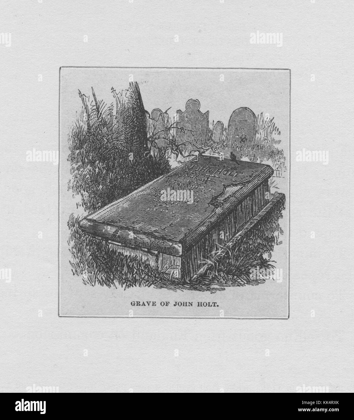 Engraving depicting a view of the cemetery, titled 'Grave of John Holt', Holt was a colonial American newspaper publisher, printer, postmaster, and mayor of Williamsburg, Virginia, 1830. From the New York Public Library. Stock Photo