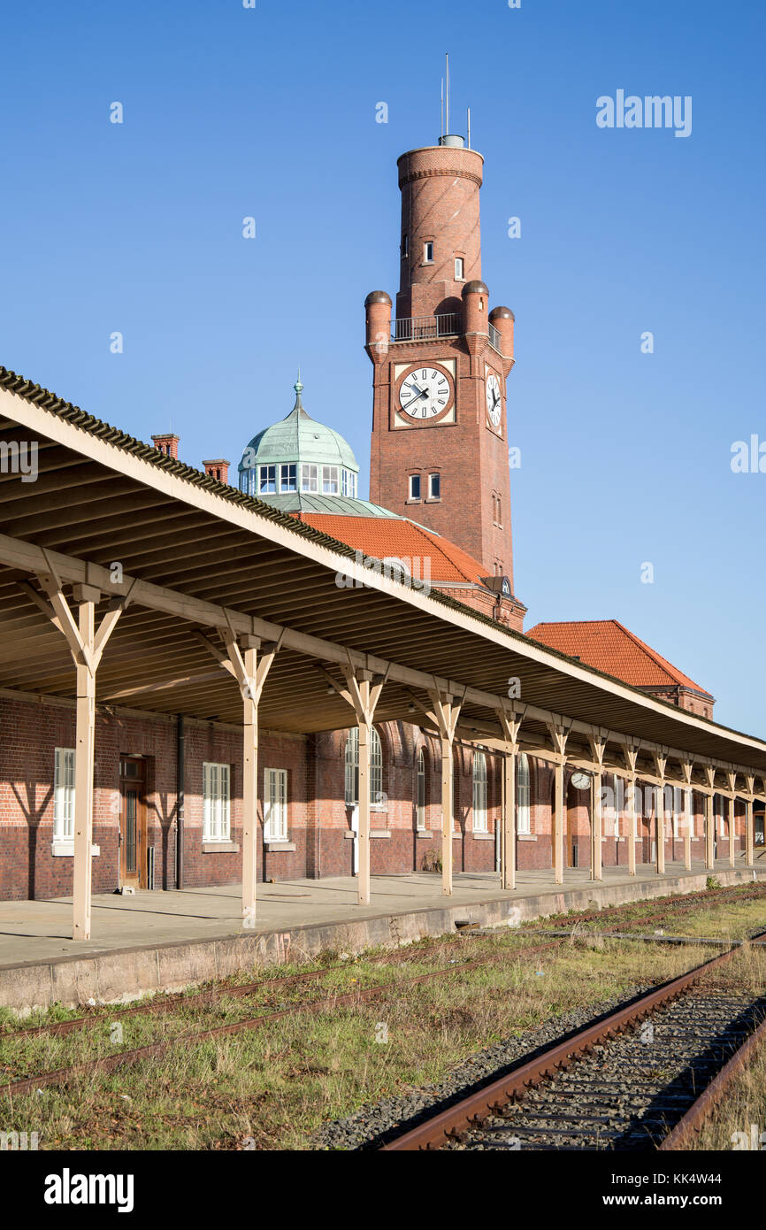 Train station at the historic Hapag passenger terminal (Hapag Hallen) in Cuxhaven, Germany. Stock Photo