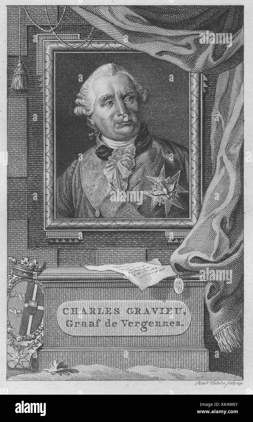 An engraving from a painting of Charles Gravier, comte de Vergennes, he was a French politician and diplomat, he represented the French government in Portugal, Germany and the Ottoman Empire prior to his support of the colonies during the American Revolutionary War, he was driven by a desire to lessen Britain's power throughout the world after their victories in the Seven Years' War, his support of the Americans in the war likely led to the financial strain that was a major contributing factor to the French Revolution of 1789, Germany, 1800. From the New York Public Library. Stock Photo