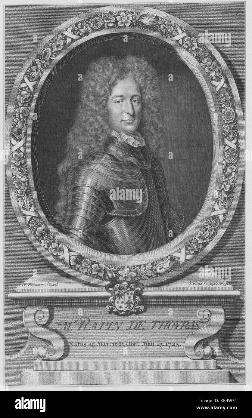 An engraving from a portrait of Paul de Rapin, he was a French historian, due to his status as nobility he was also referred to as Thoyras de Rapin, he is primarily know for his ten volume work Histoire d'Angleterre which translates to The History of England, in the engraving his portrait is surrounded by an illustration of carved frame decorated in floral designs resting on top of a stone podium bearing his name and dates of birth and death, 1750. From the New York Public Library. Stock Photo