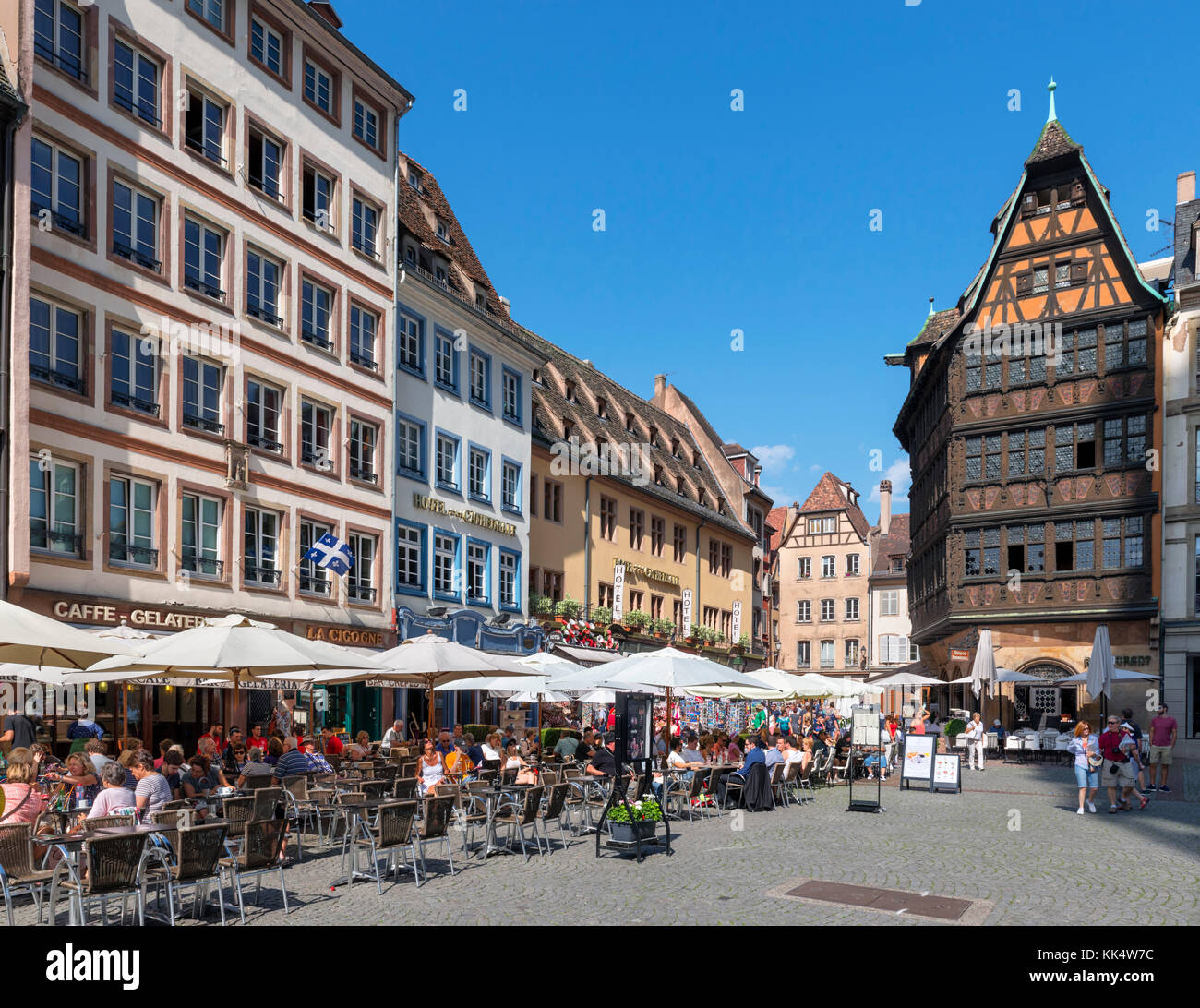 Sidewalk cafes in Place de la Cathedrale, Strasbourg, Alsace, France Stock Photo