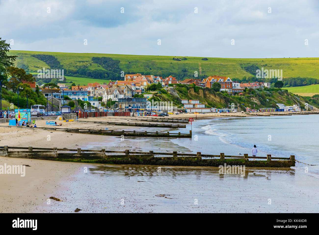 View of Swanage beach and town in England Stock Photo