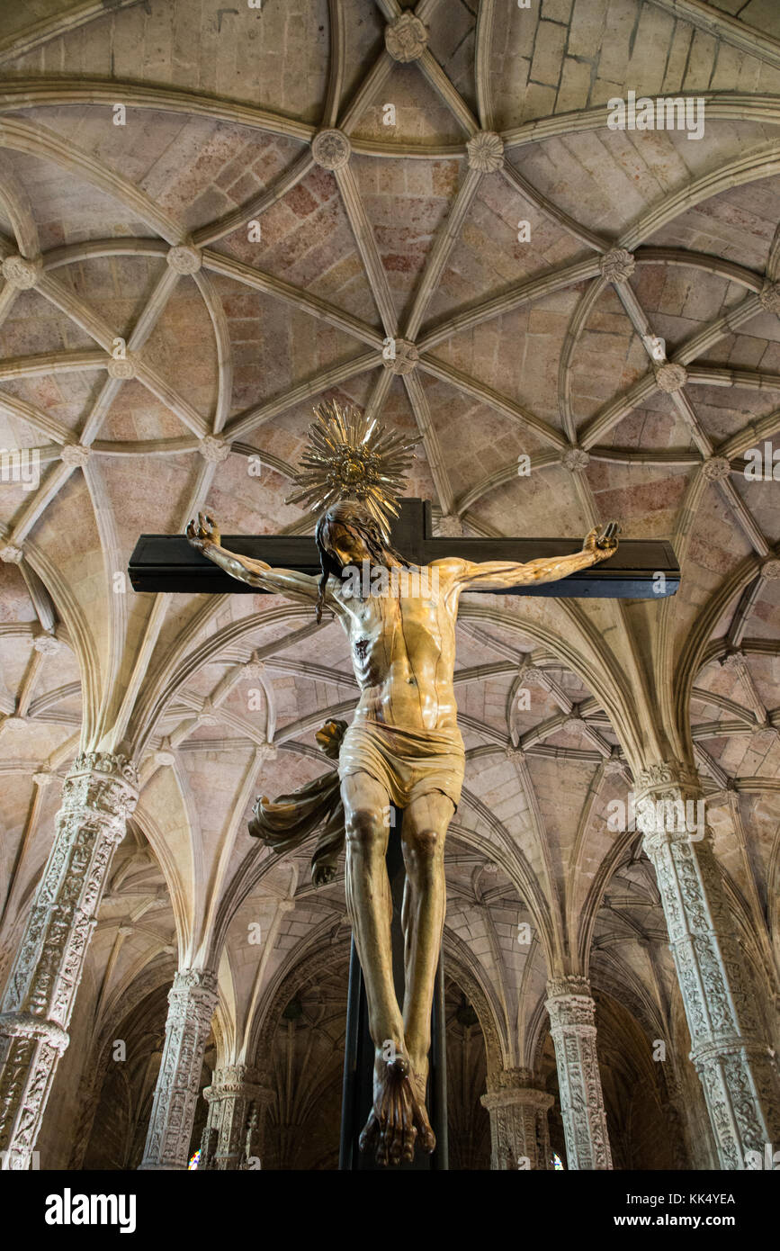 Wooden crist at cross in jeronimos monastery in Lisboa, Portugal Stock Photo