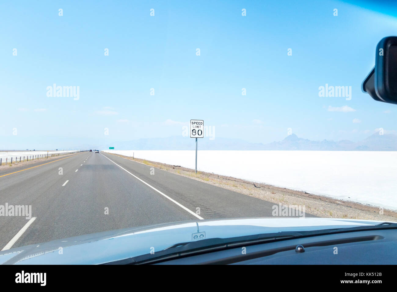Highway Speed Limit 80 mph sign on the I-80 West through Bonneville Salt Flats near Wendover Utah. Stock Photo