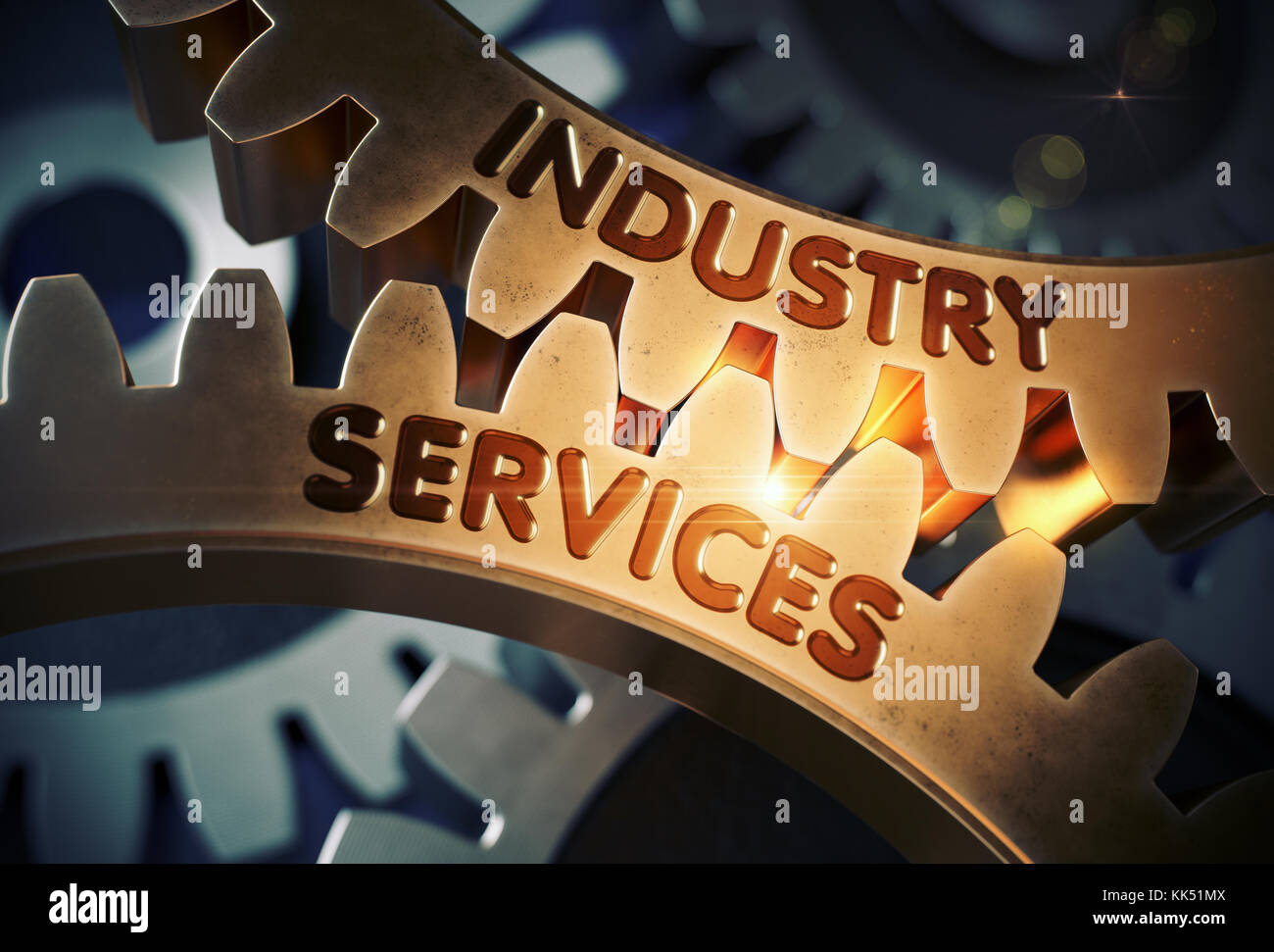 Industry Services on Golden Cog Gears. 3D. Stock Photo